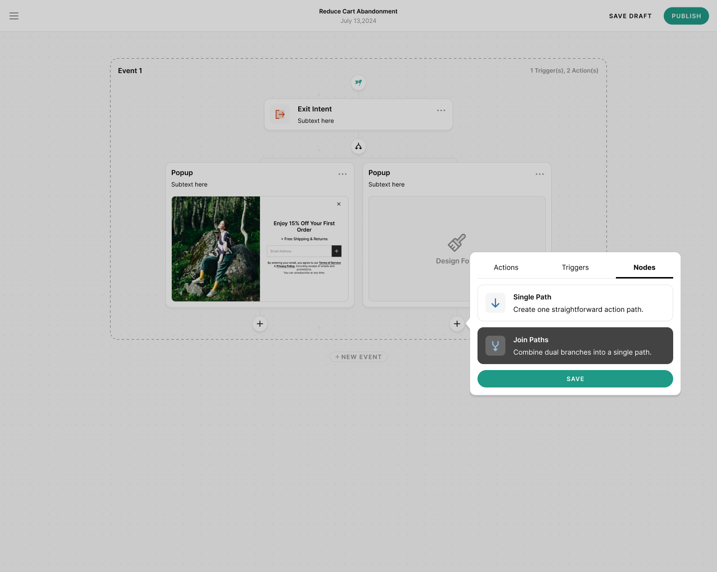 BDOW! campaign flow builder, add node menu