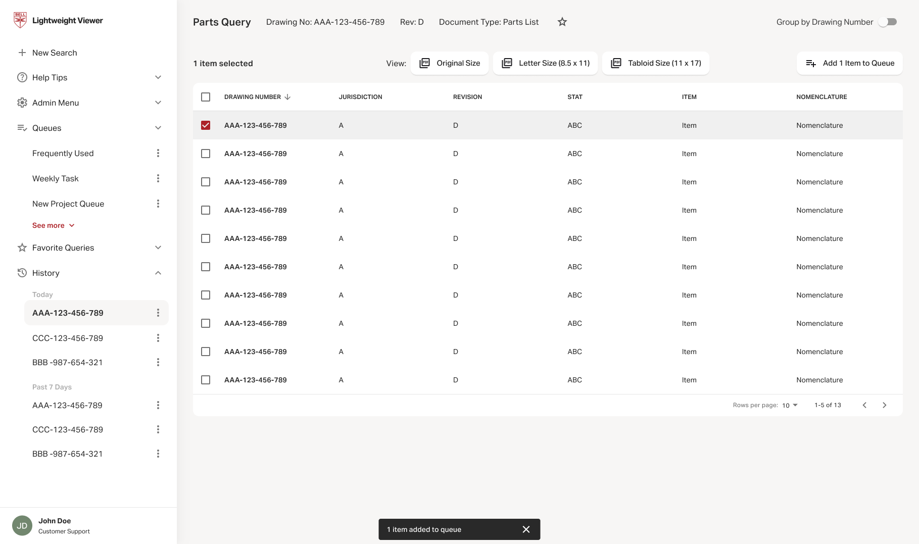 Bell Flight Lightweight Viewer, parts query results
