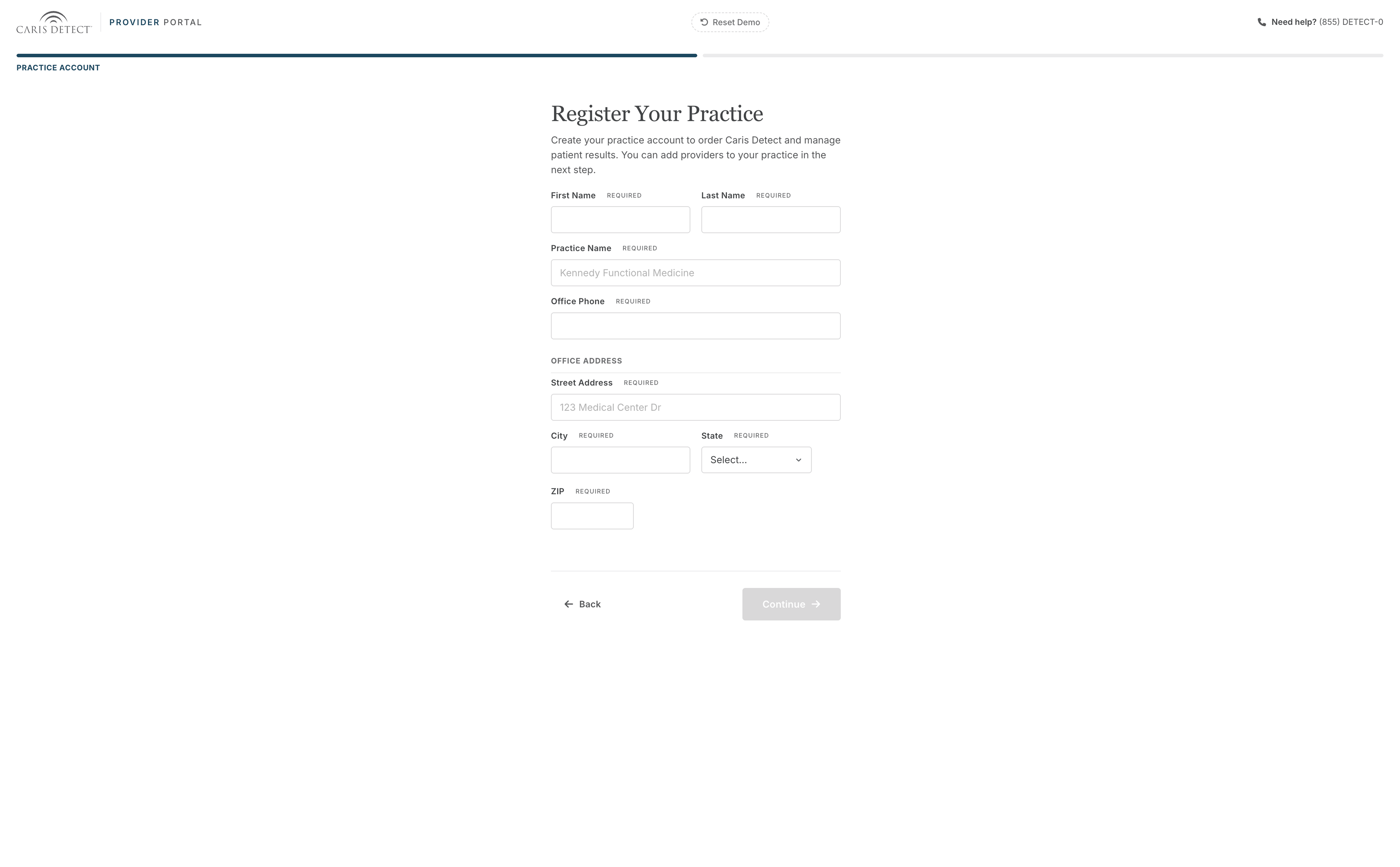 Caris Detect provider portal, register your practice