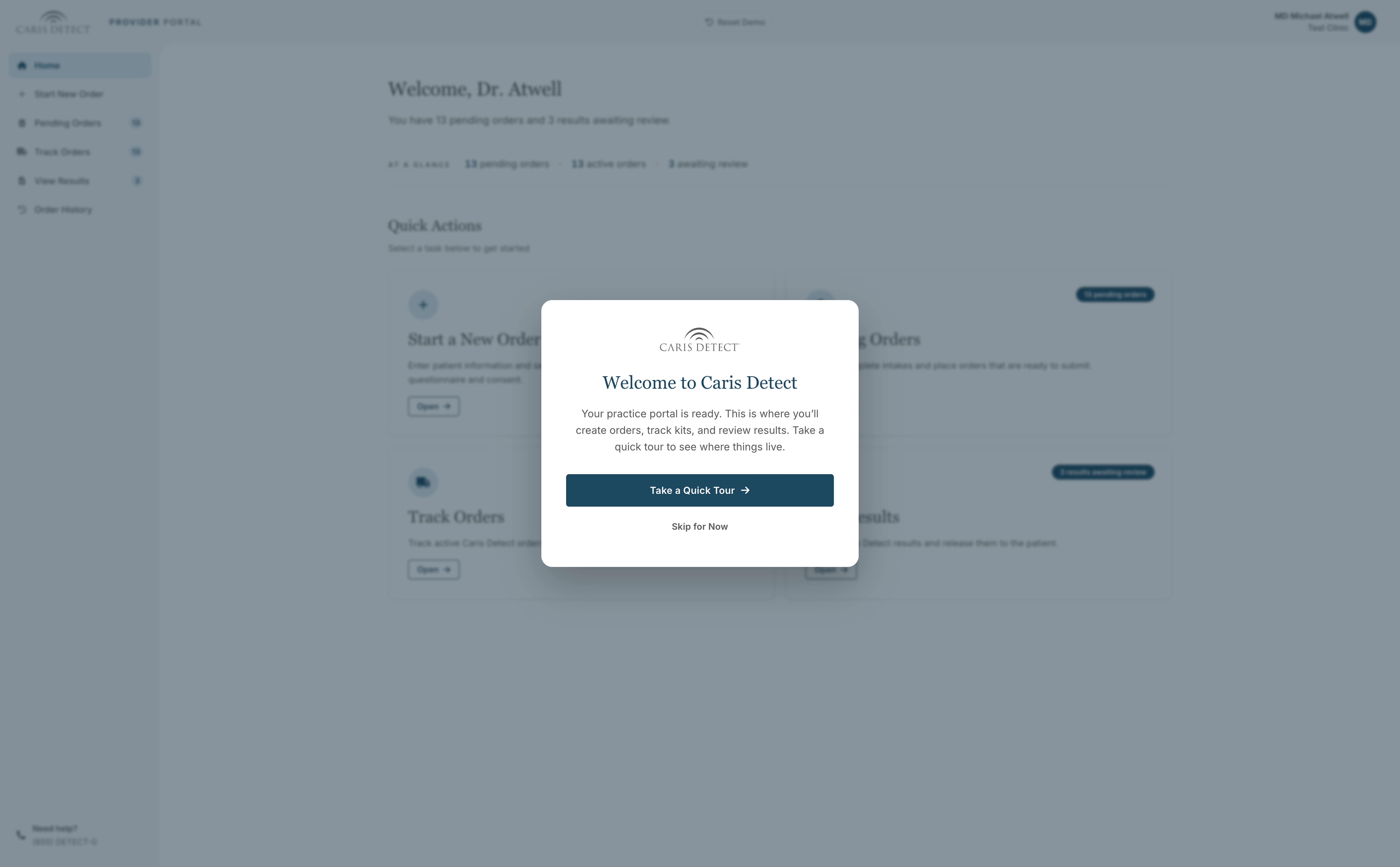 Caris Detect provider portal, welcome onboarding