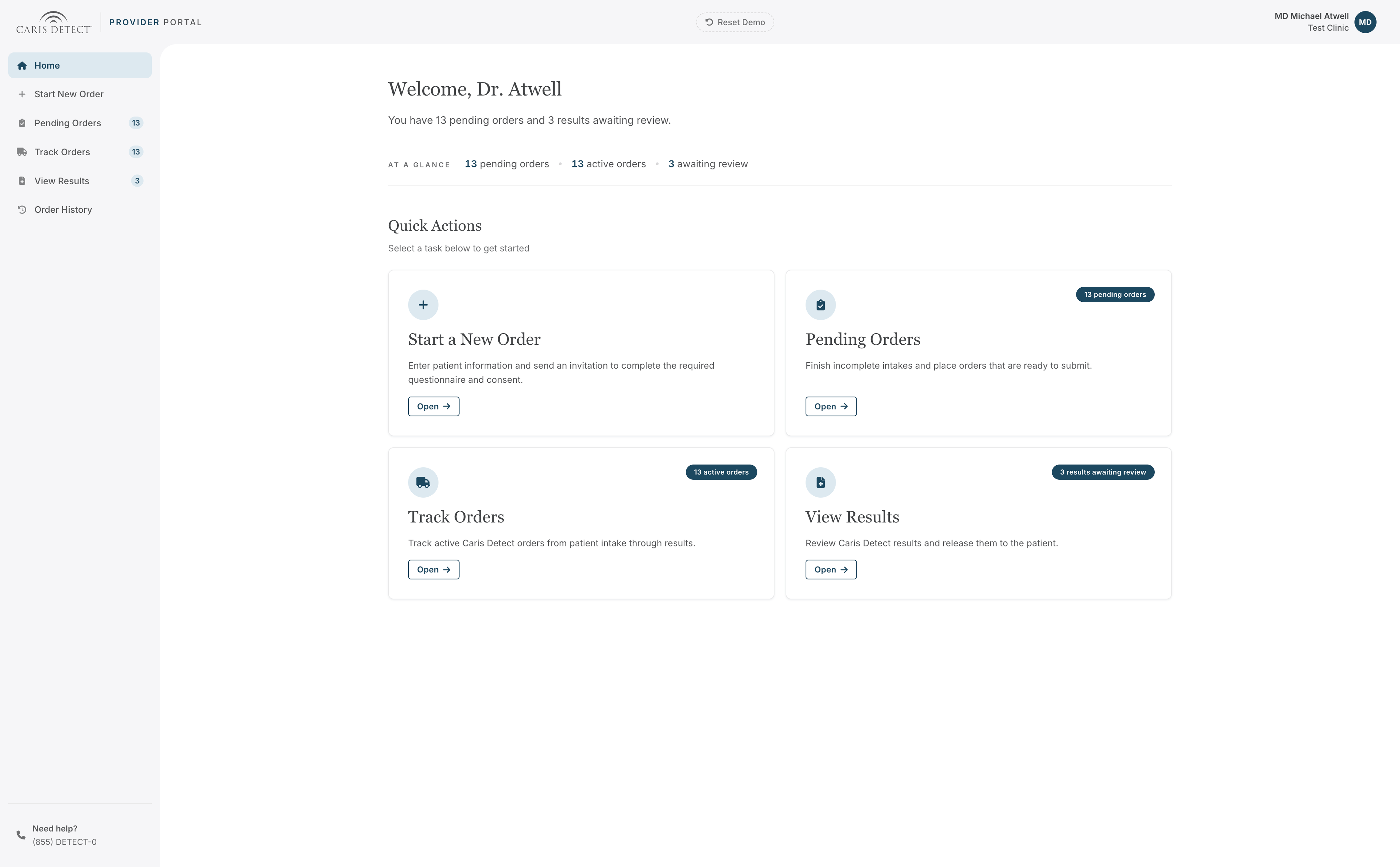 Caris Detect provider portal, home dashboard