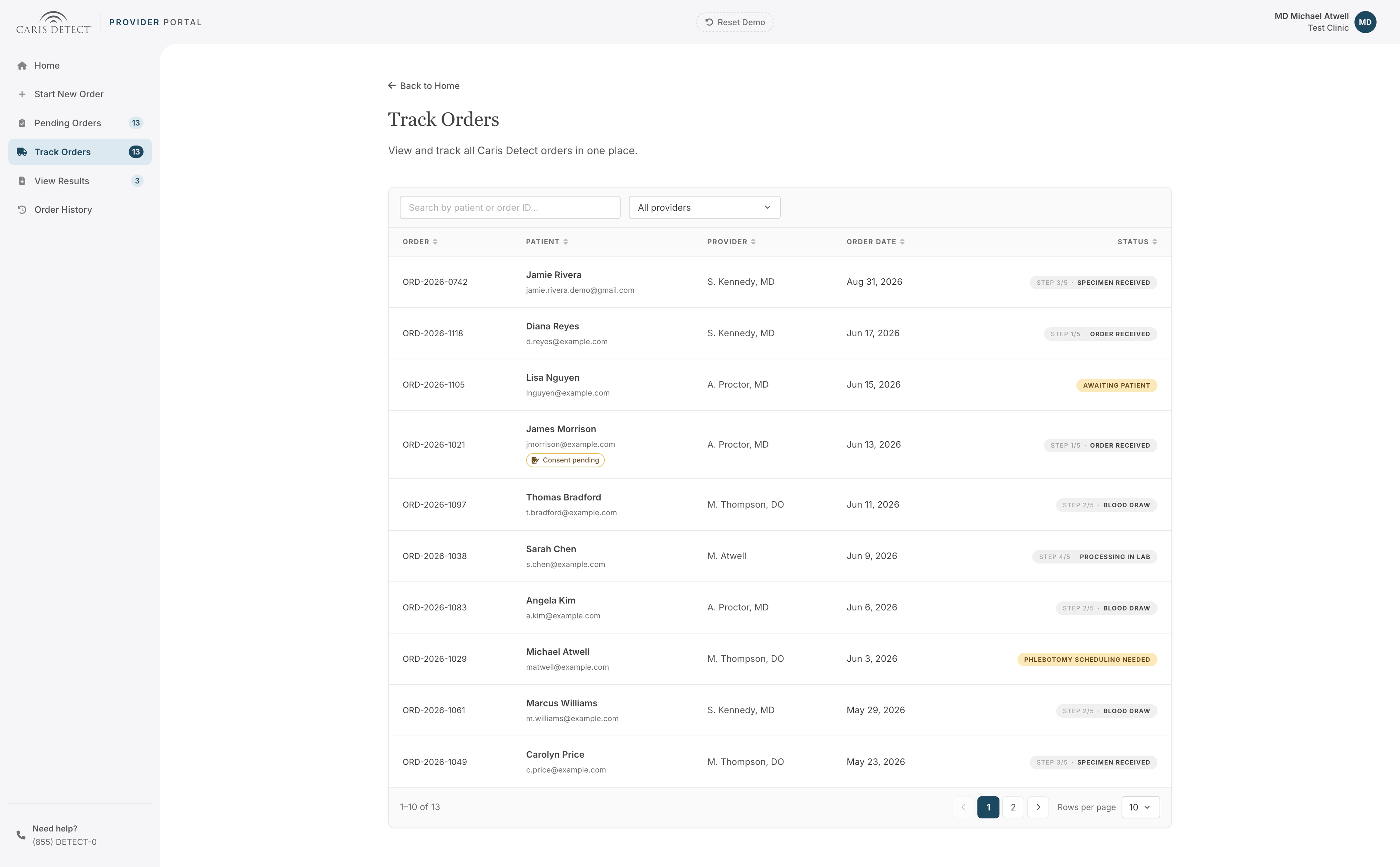 Caris Detect provider portal, track orders