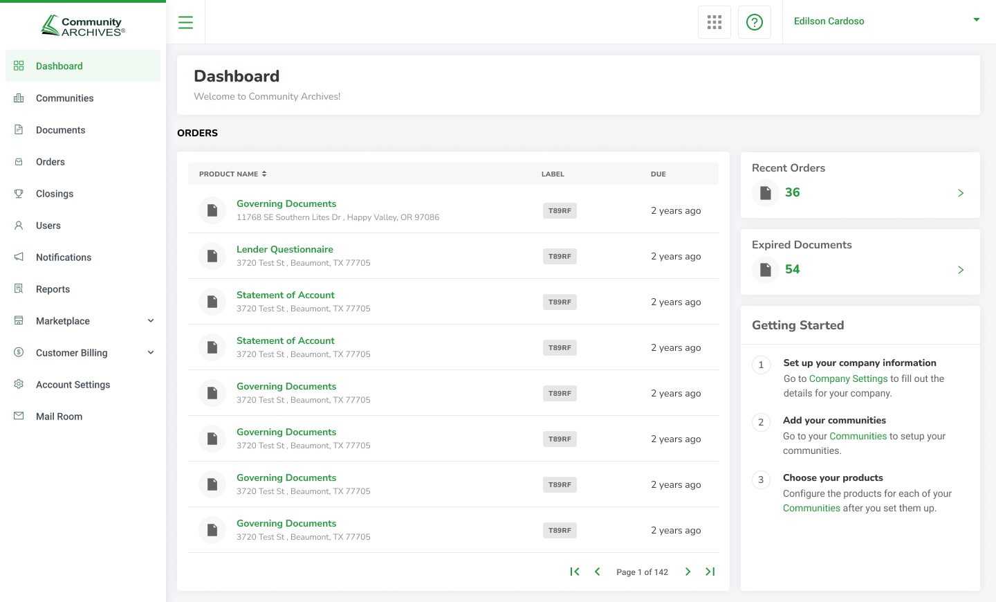 Community Archives, company dashboard