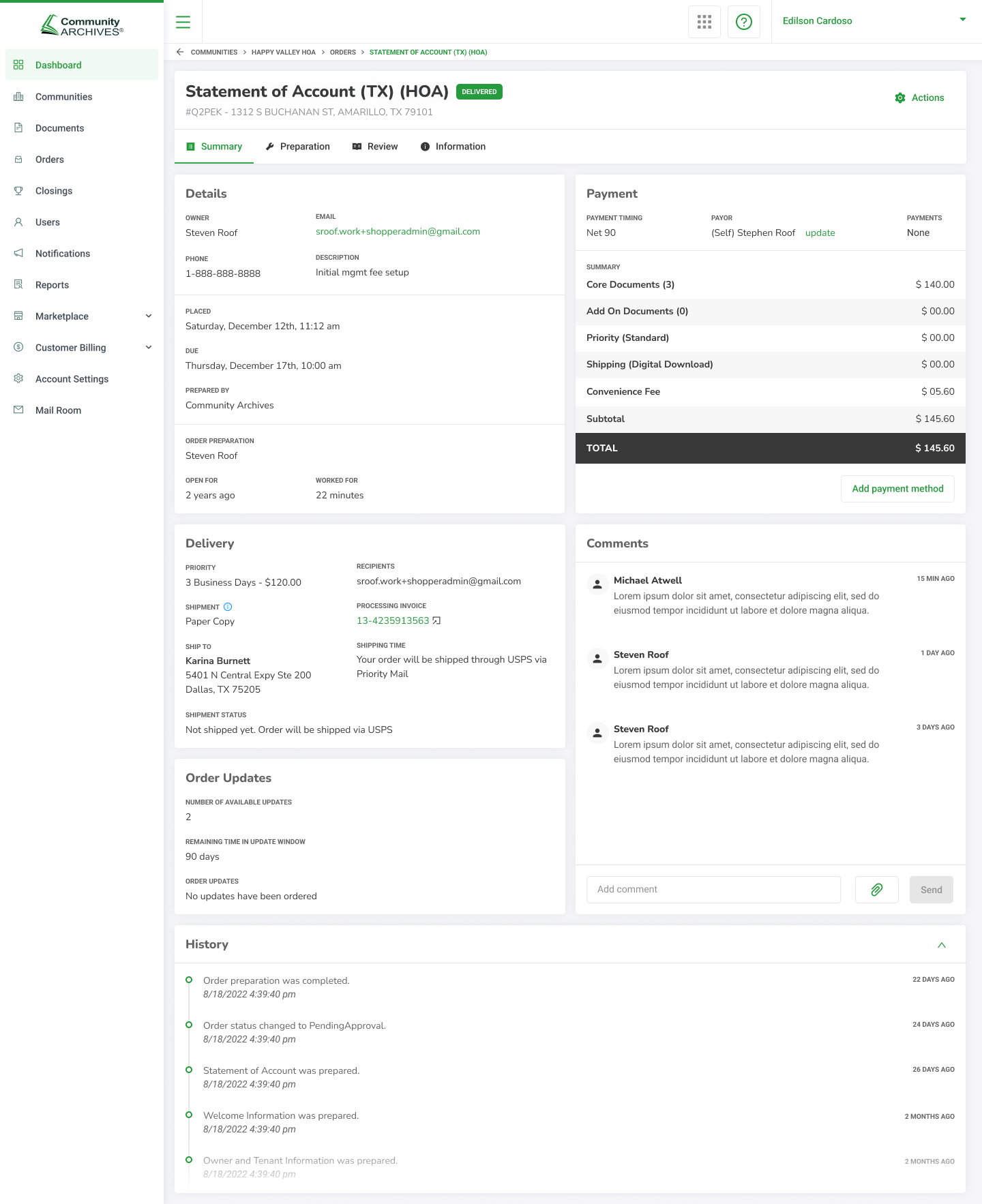 Community Archives, order details, delivered