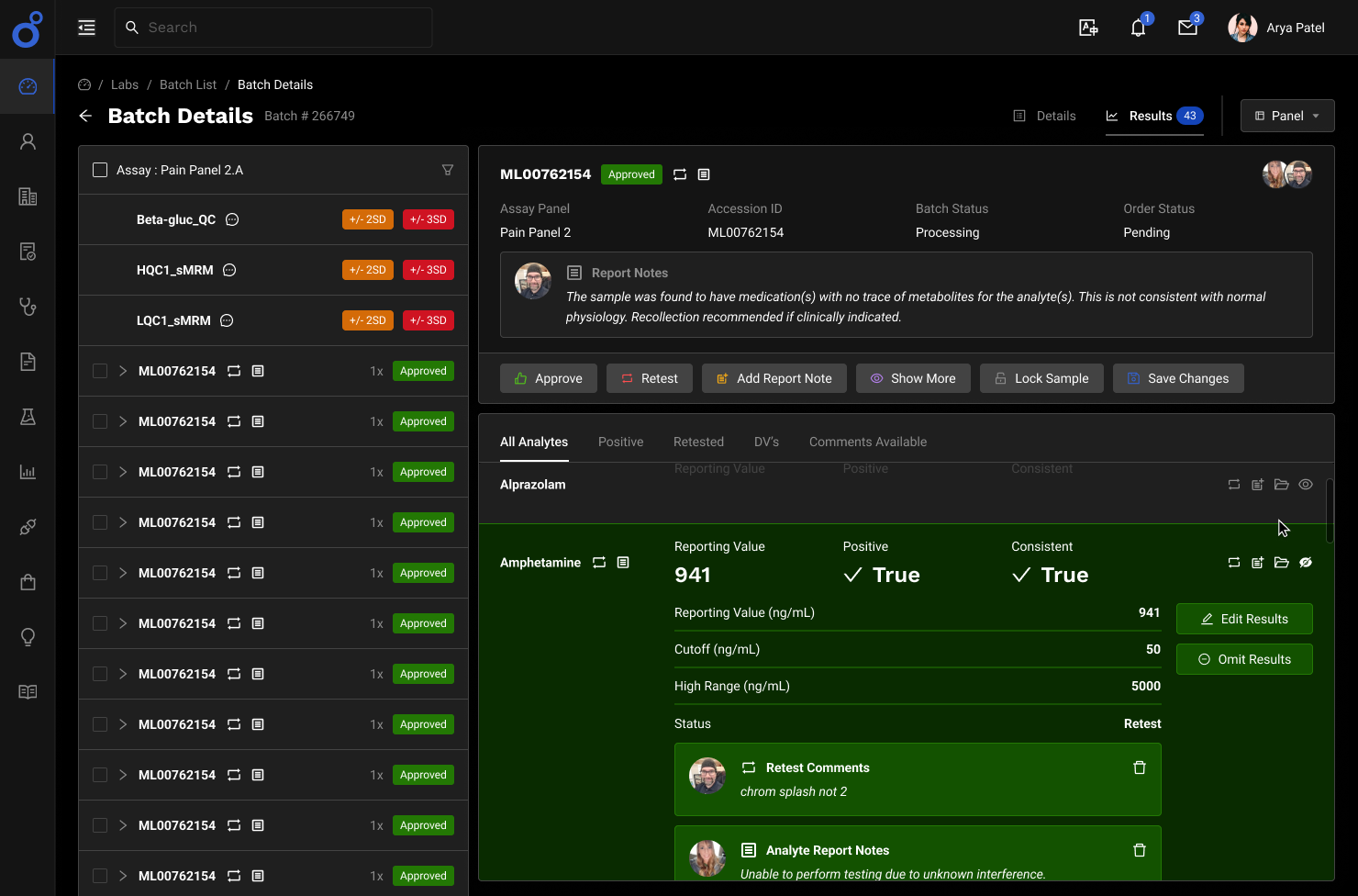 Molecular Testing Labs, batch results certifying, dark theme