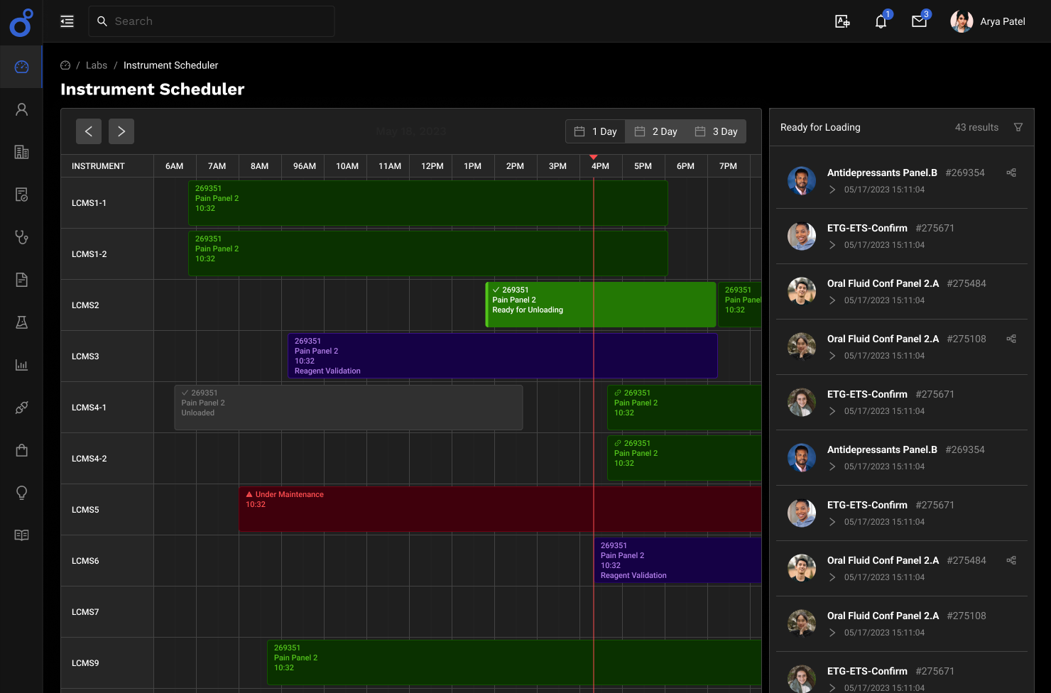 Molecular Testing Labs, instrument scheduler, dark theme