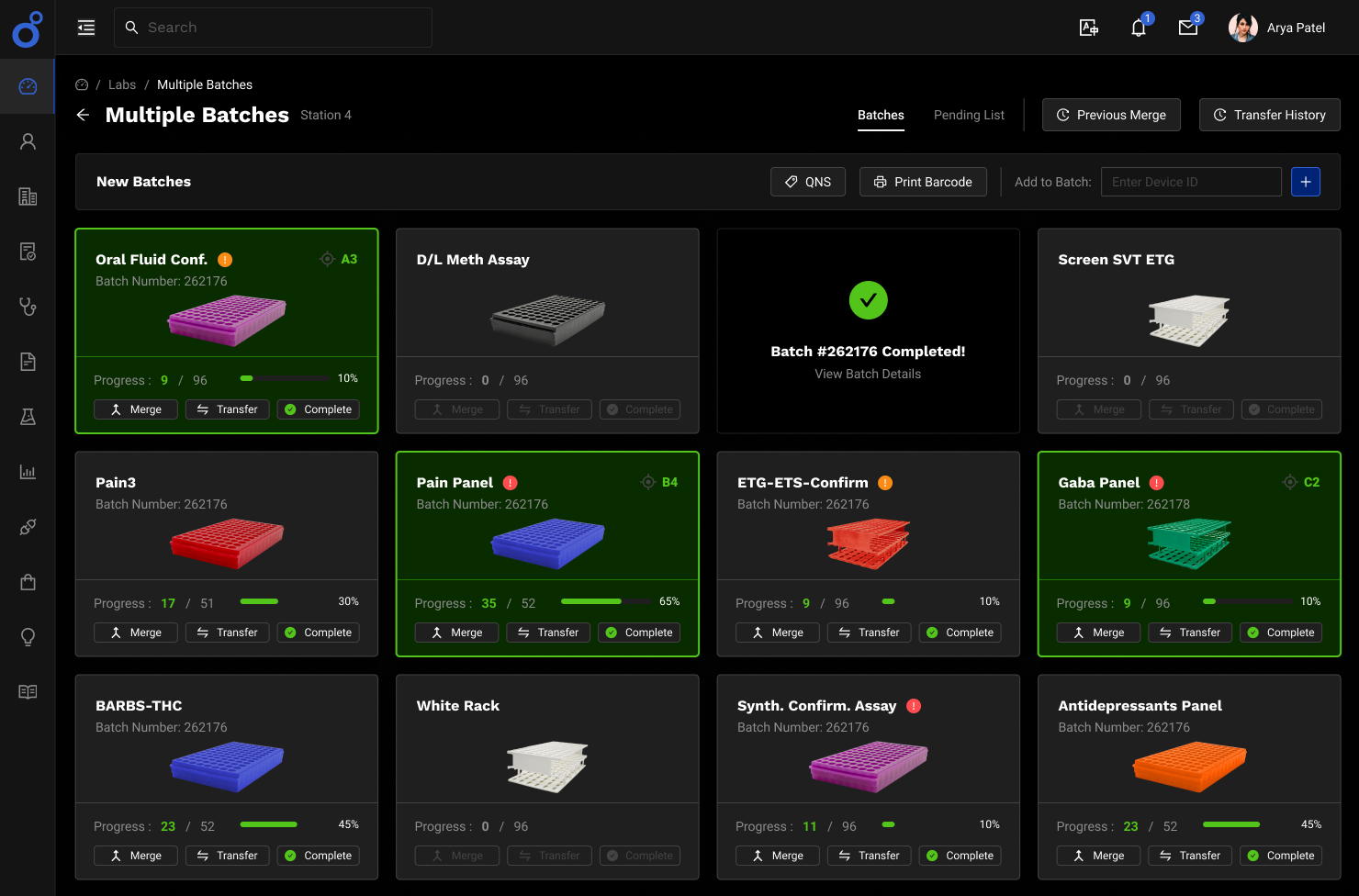 Molecular Testing Labs, multiple batches, dark theme
