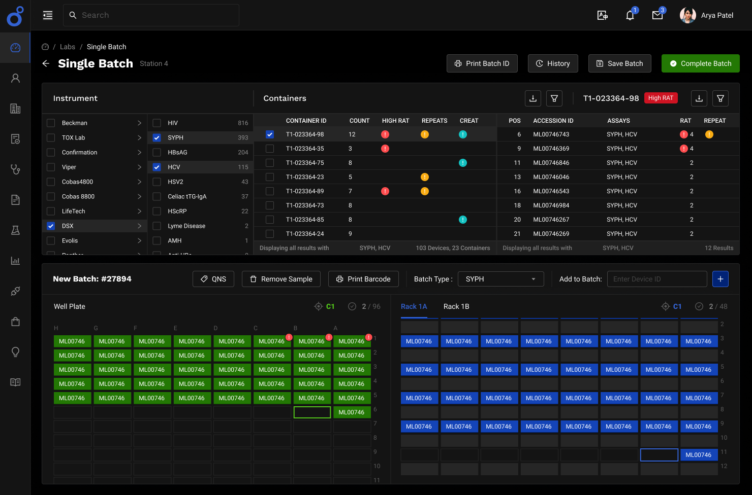 Molecular Testing Labs, single batch view, dark theme
