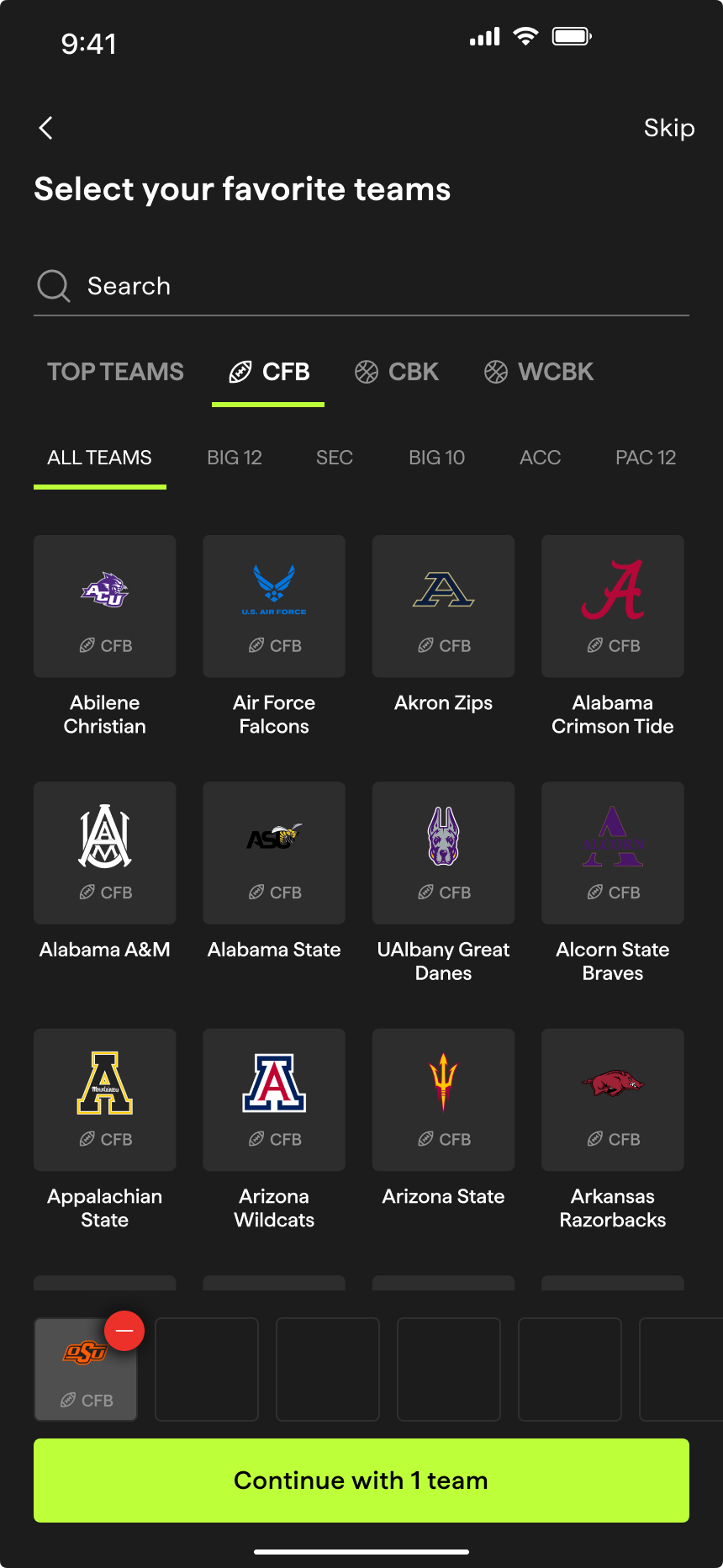 Sportsmo, select favorite teams