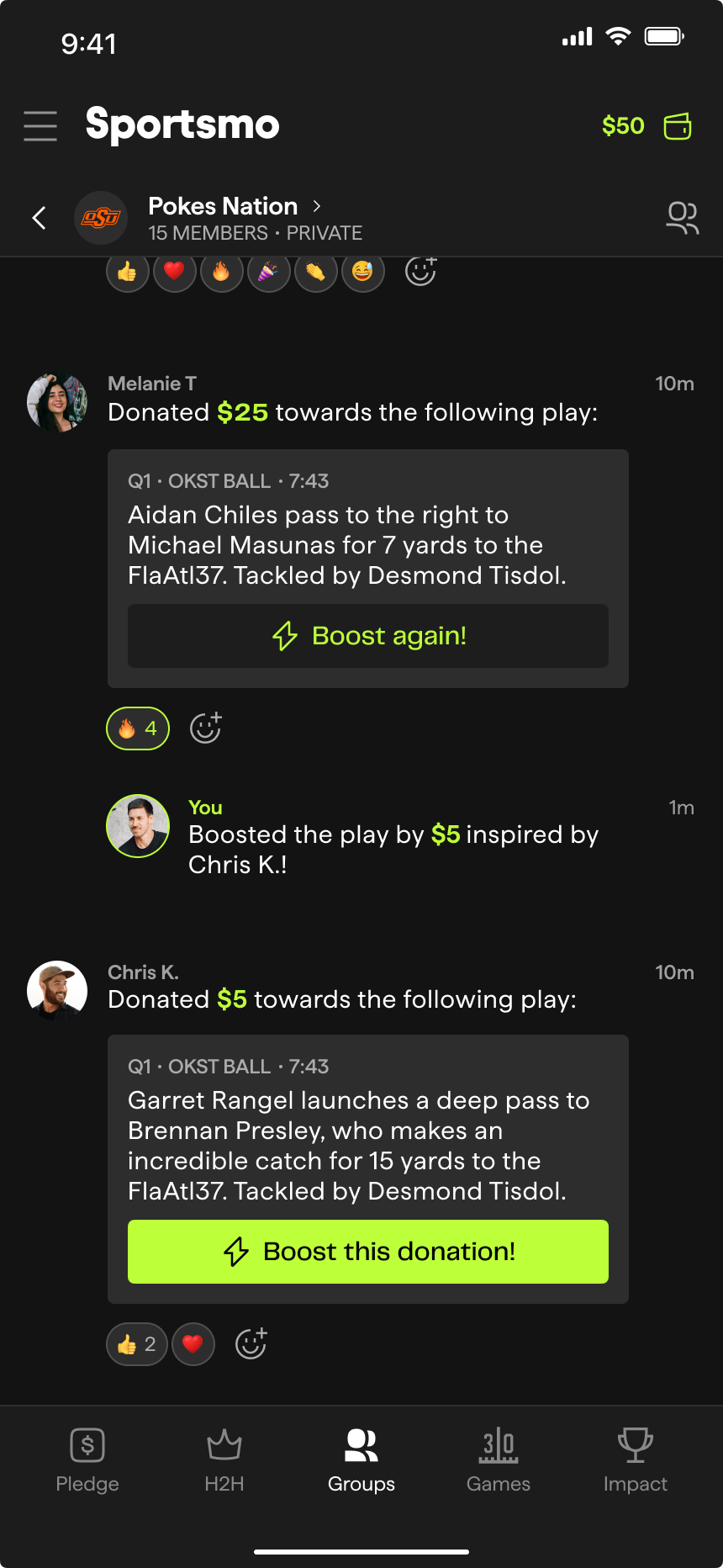 Sportsmo, group activity feed