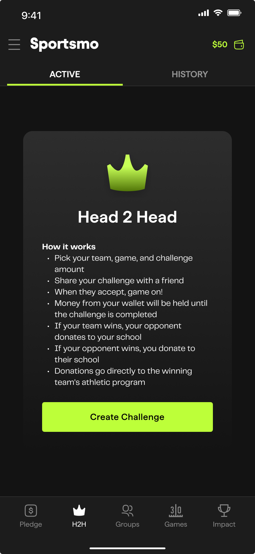 Sportsmo, Head 2 Head challenge overview