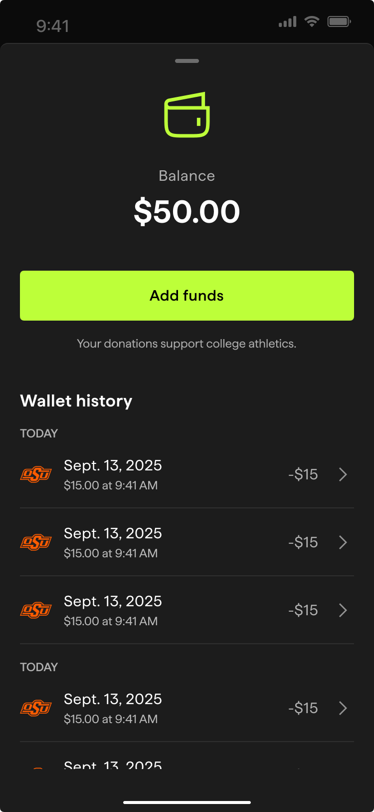 Sportsmo, wallet balance and history
